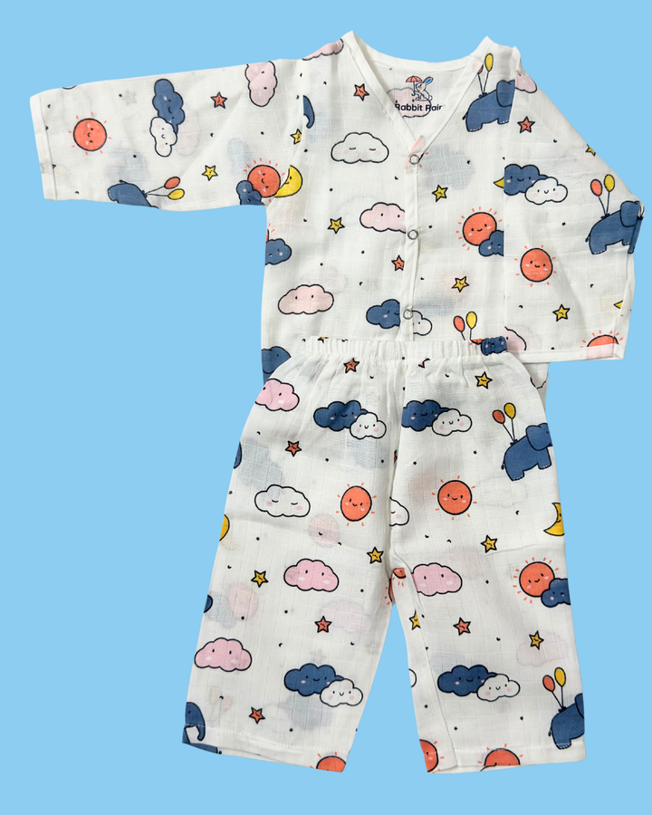 Premium Muslin Cotton Full sleeve Jabla Pyjama / Night Suit - Dreamy Elephant
