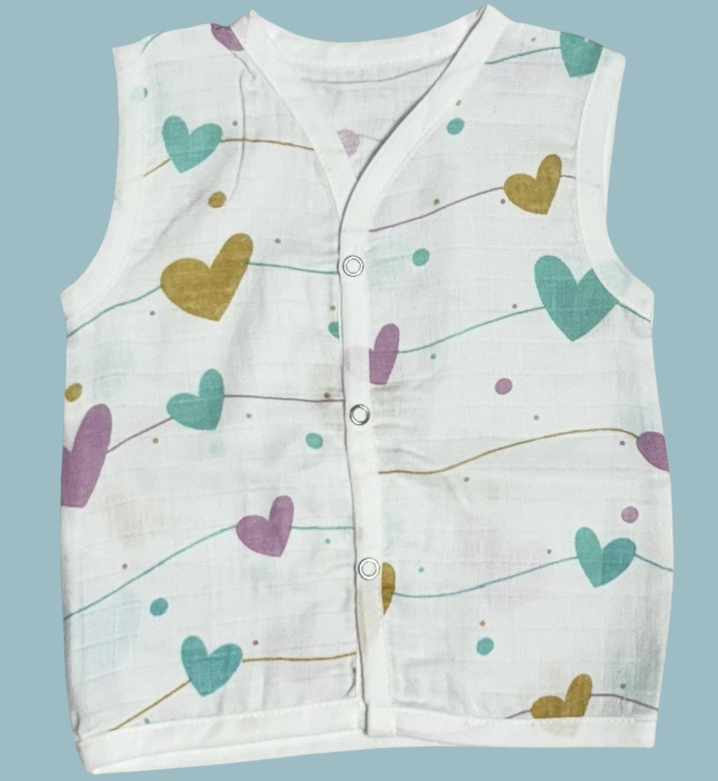 Muslin Cotton Baby Jabla Combo – Sleeveless Front Open | Rainbow, Hearts & Panda Print (Pack of 3)