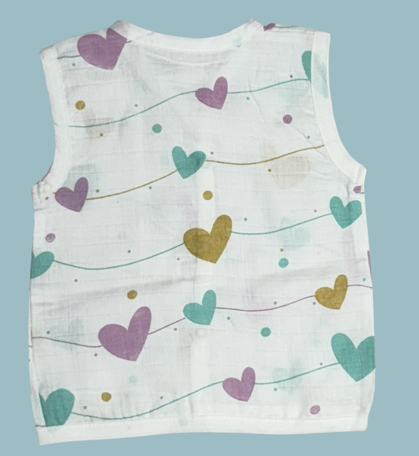 Muslin Cotton Baby Jabla Combo – Sleeveless Front Open | Rainbow, Hearts & Panda Print (Pack of 3)