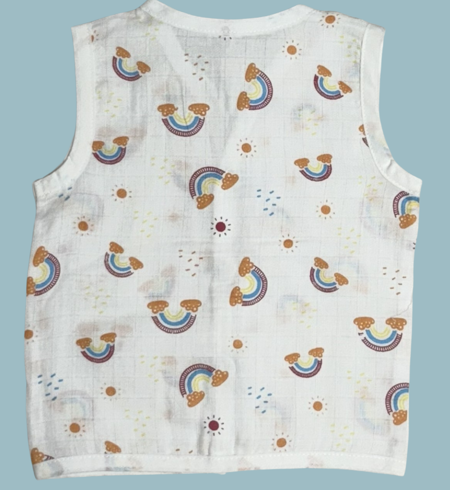 Muslin Cotton Baby Jabla Combo – Sleeveless Front Open | Rainbow, Hearts & Panda Print (Pack of 3)