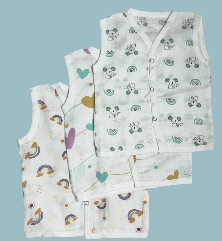 Muslin Cotton Baby Jabla Combo – Sleeveless Front Open | Rainbow, Hearts & Panda Print (Pack of 3)
