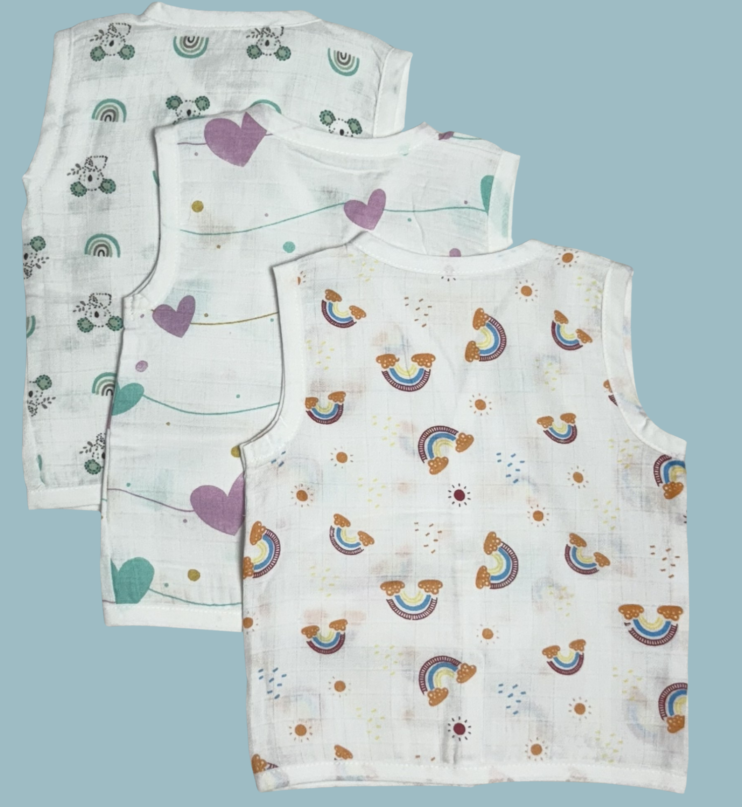 Muslin Cotton Baby Jabla Combo – Sleeveless Front Open | Rainbow, Hearts & Panda Print (Pack of 3)