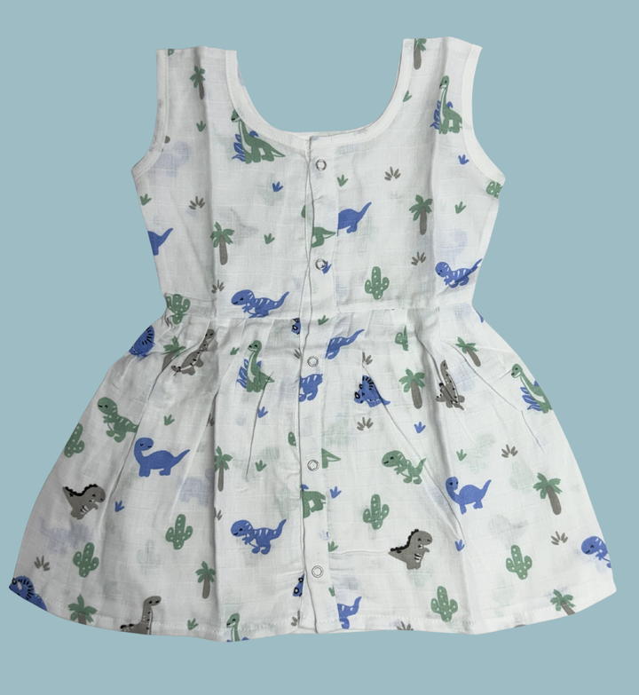 Muslin Cotton Baby Frock – Sleeveless Front Open | Dinosaur Print