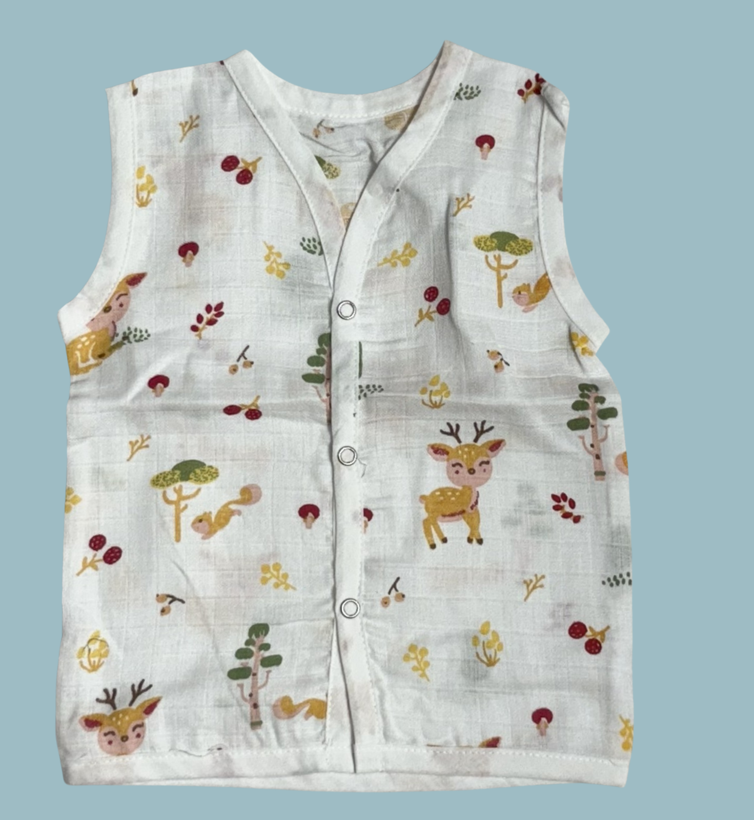 Muslin Cotton Baby Jabla Combo – Sleeveless Front Open | Stars, Butterflies & Forest Print (Pack of 3)