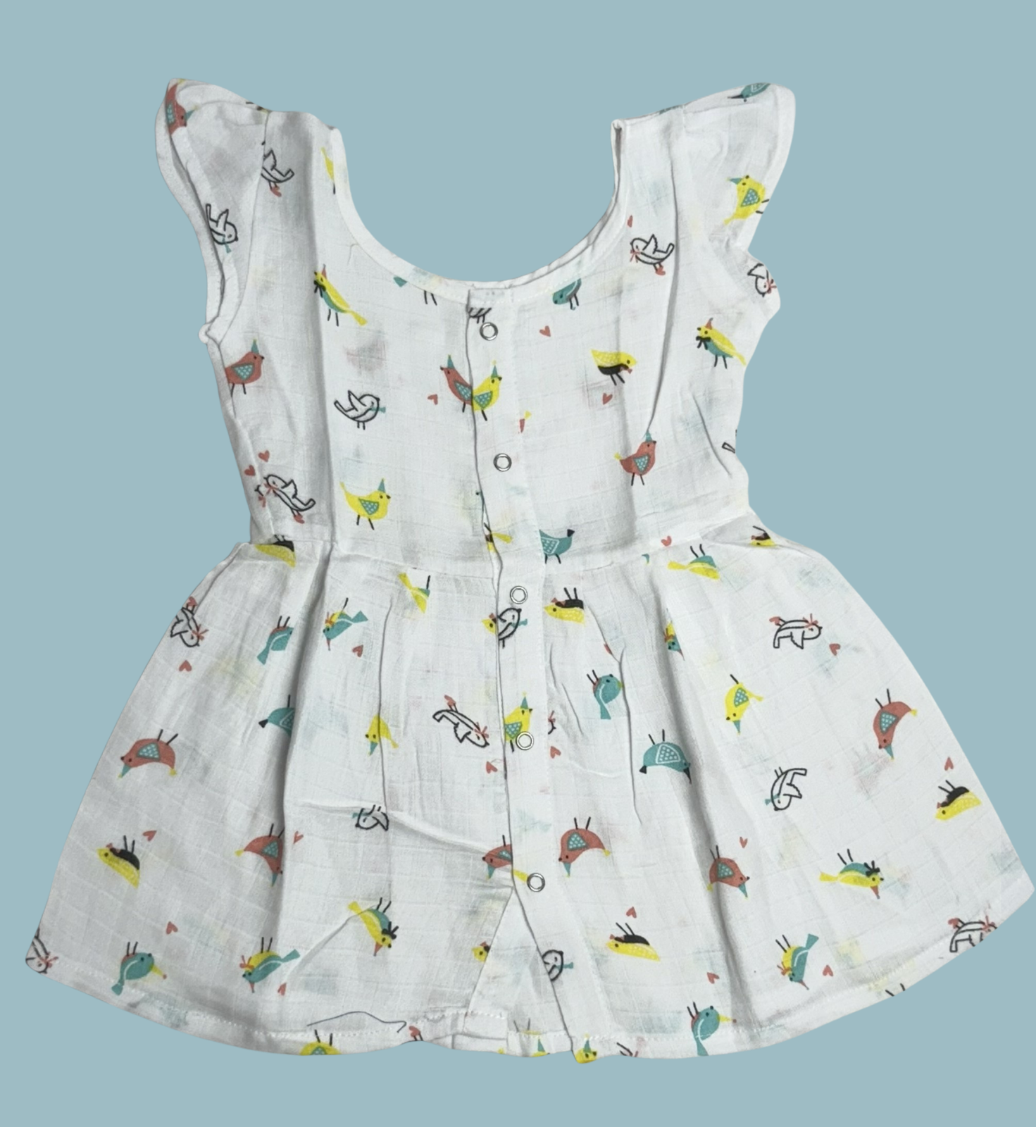 Muslin Baby Frock with Frill Sleeves – Front Open | Bird Print