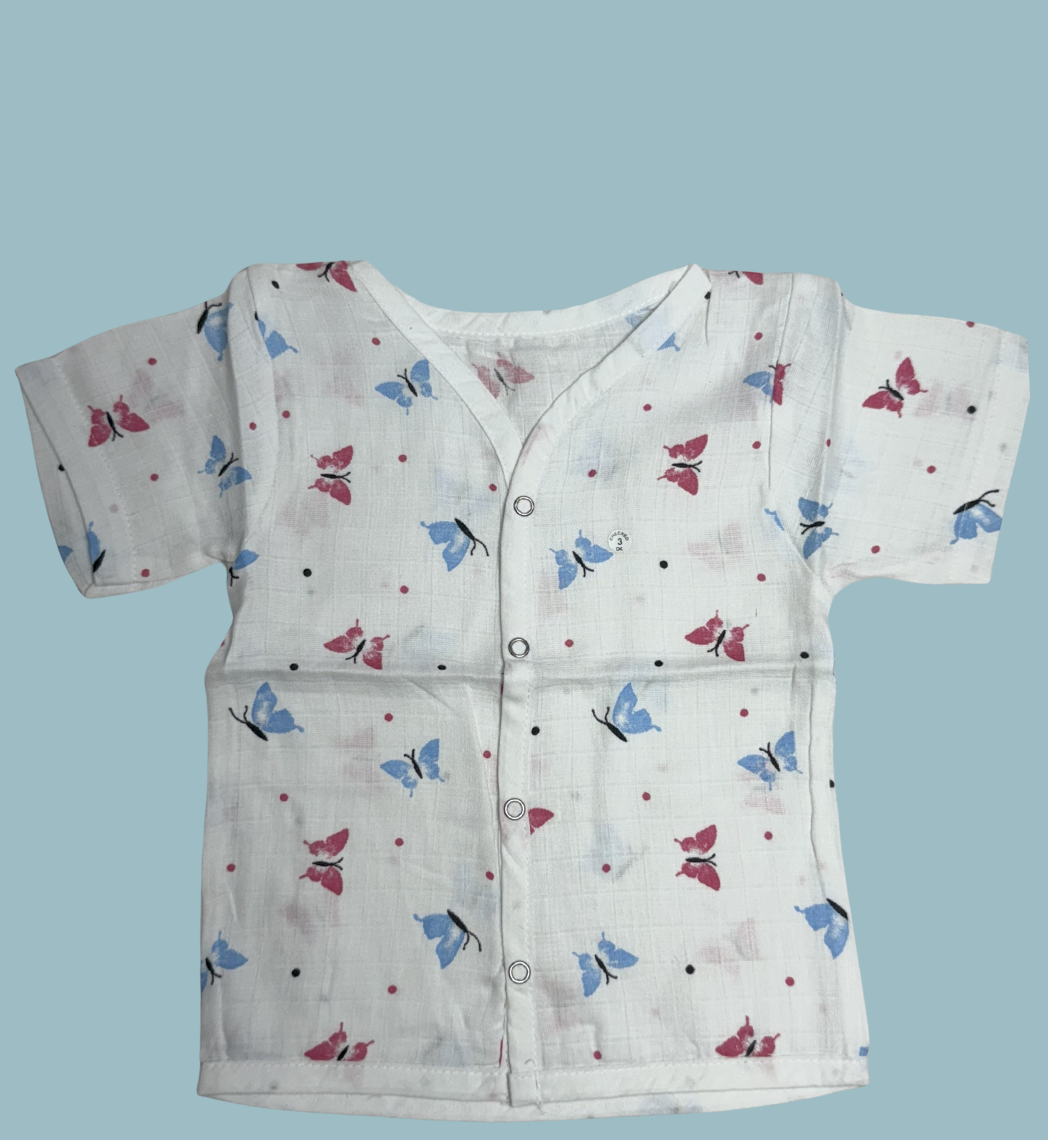 Baby Muslin Cotton Half Sleeve Button Jabla – Blue & Pink Butterfly Print