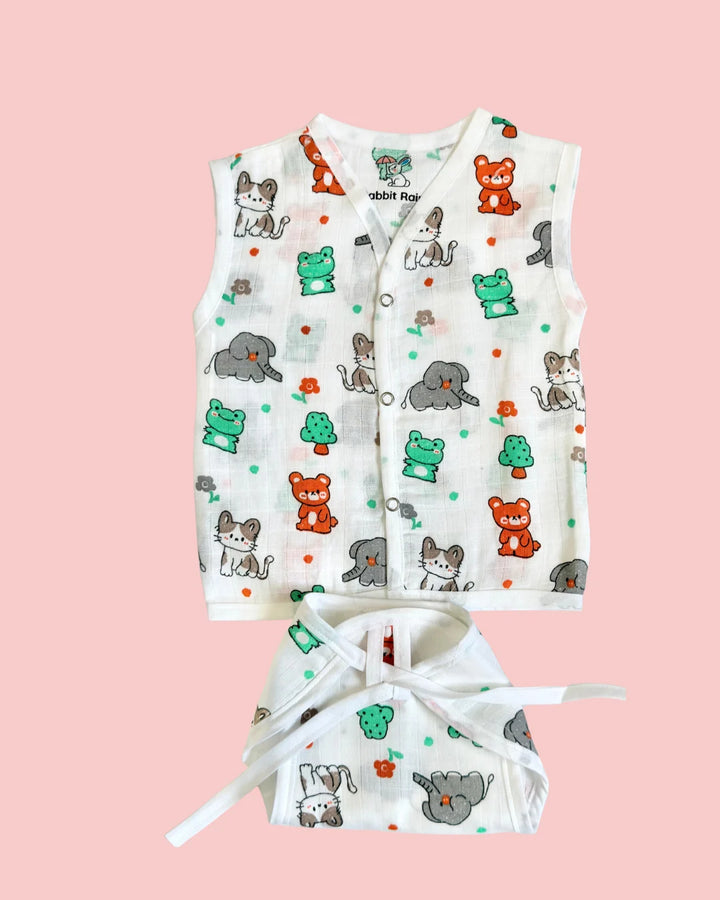Premium Muslin Cotton Sleeveless Jabla & Nappy Set – Forest Friends