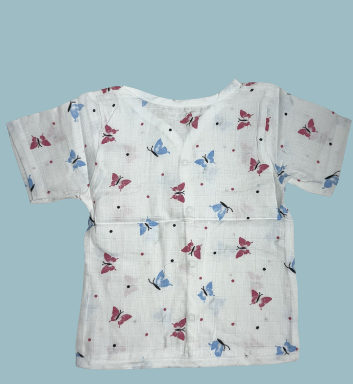 Baby Muslin Cotton Half Sleeve Button Jabla – Blue & Pink Butterfly Print
