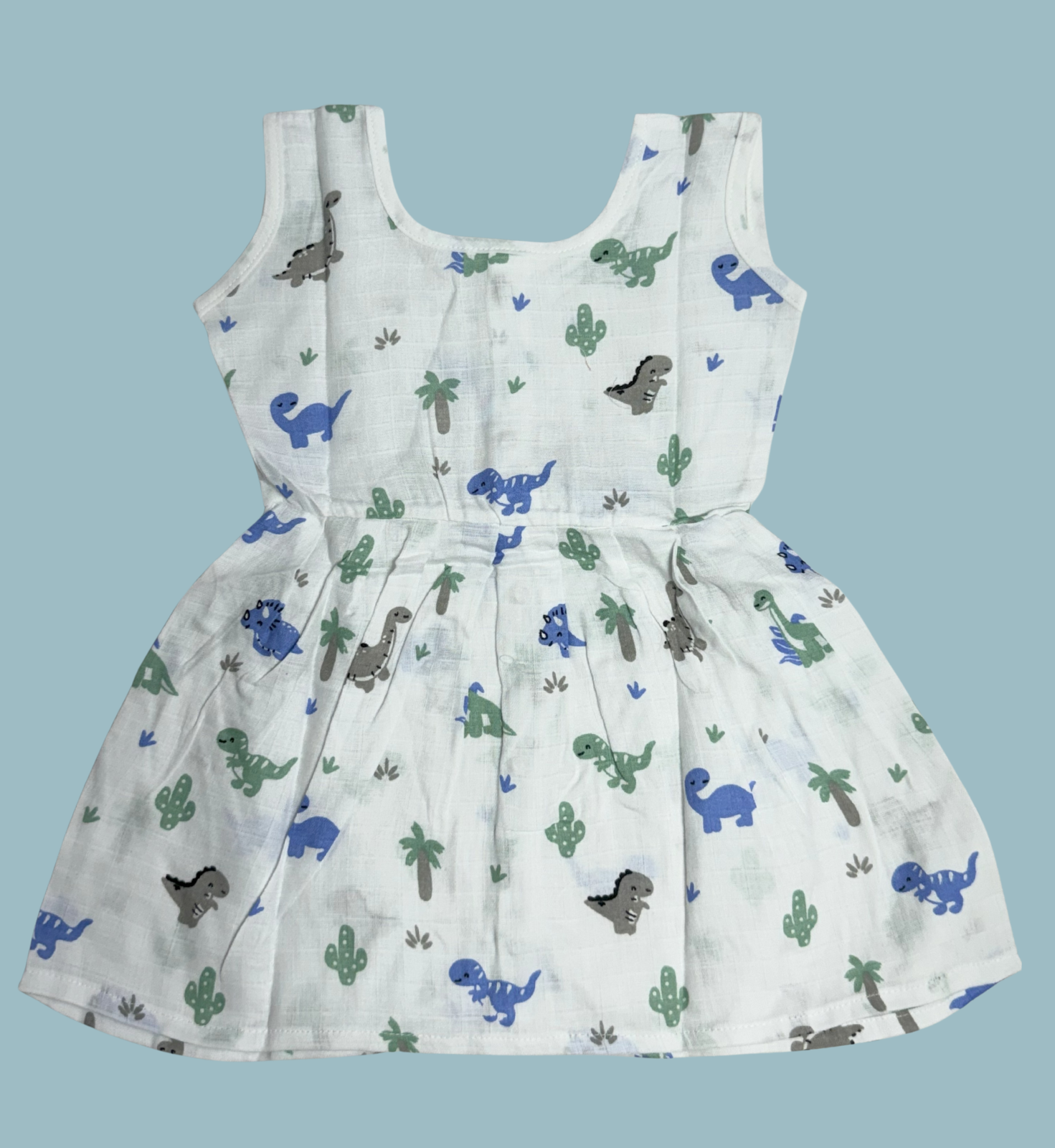Muslin Cotton Baby Frock – Sleeveless Front Open | Dinosaur Print