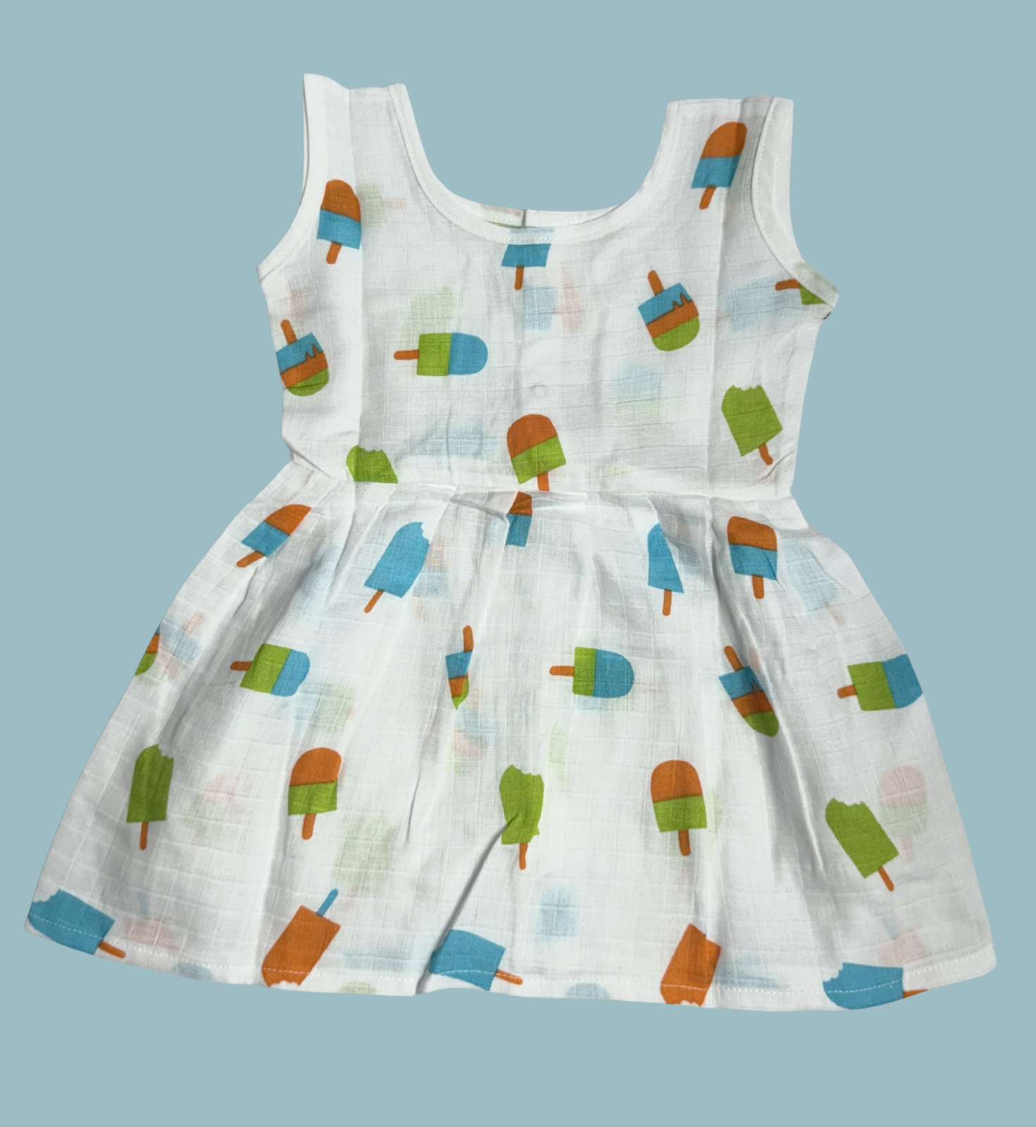 Muslin Cotton Baby Frock – Sleeveless Front Open | Ice Cream Print