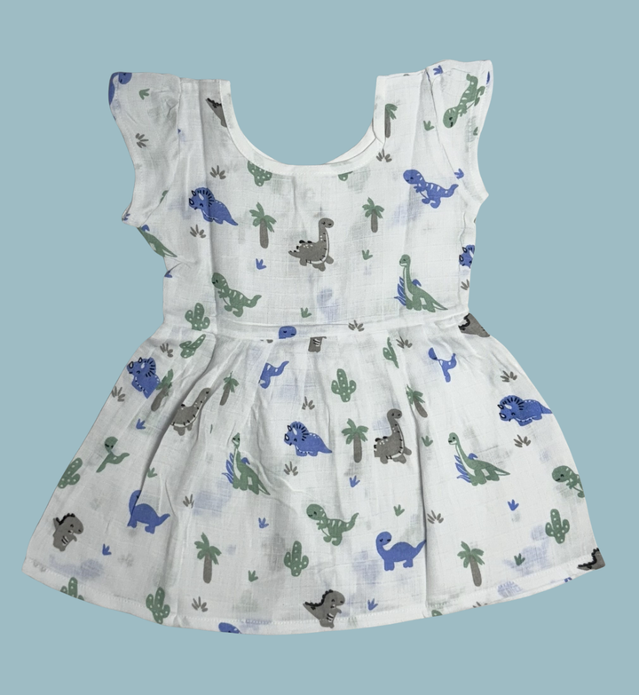 Muslin Baby Frock with Frill Sleeves – Dinosaur Print | Soft & Breathable (Front Open)