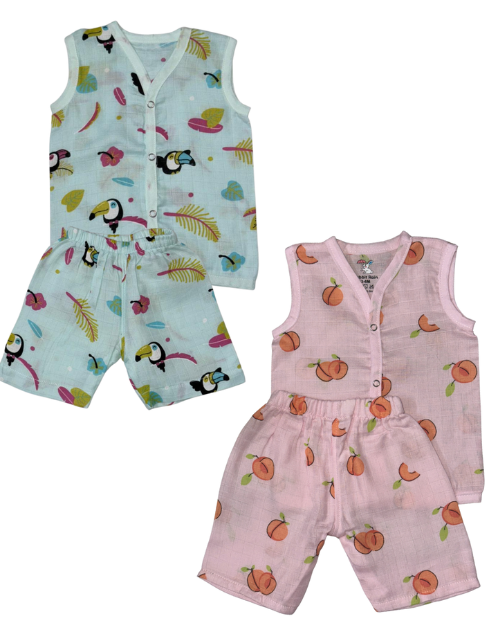 Premium Muslin Cotton Sleeveless  Jabla & Shorts Set for Babies(0-6M) – Pack of 2