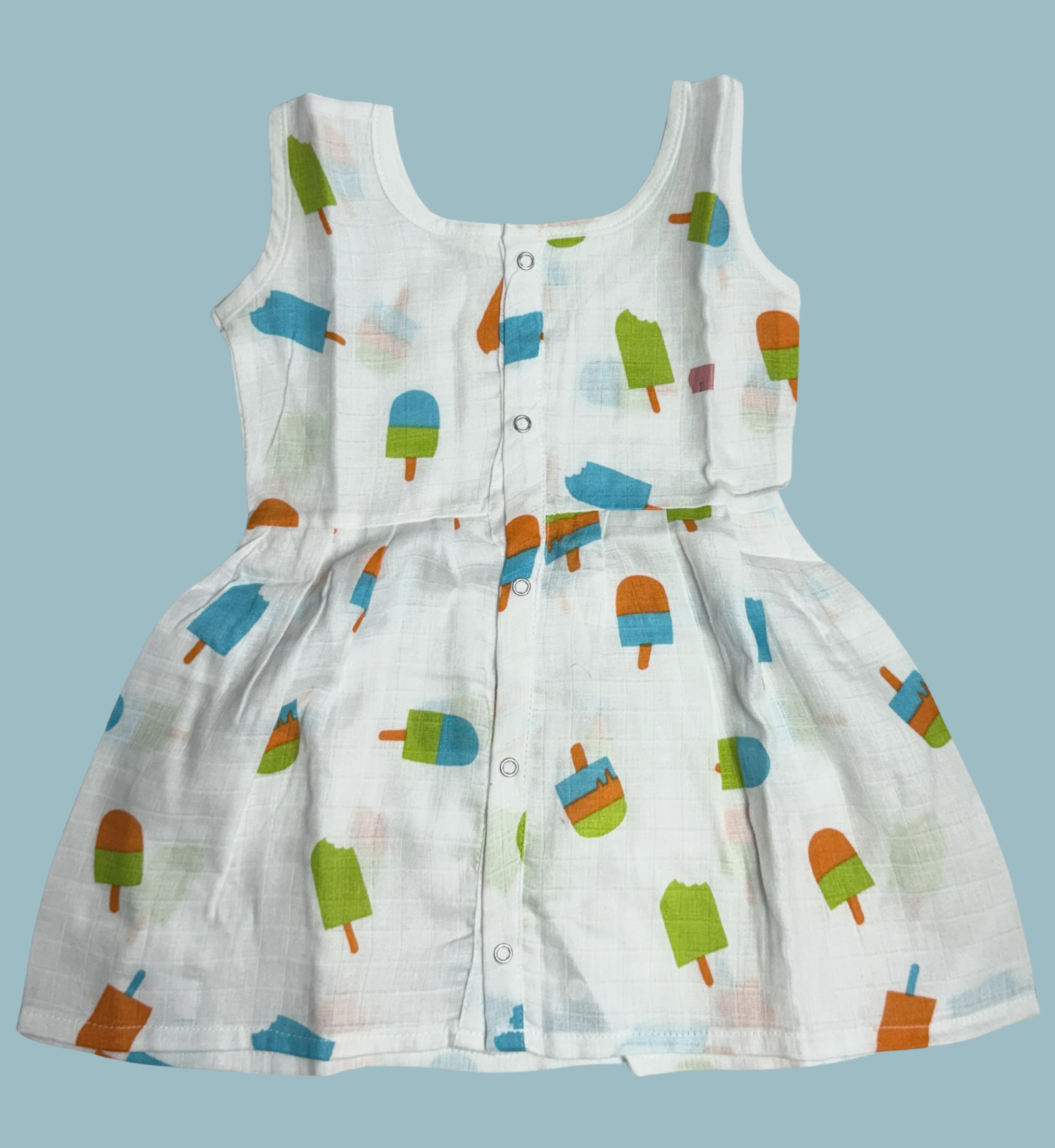 Muslin Cotton Baby Frock – Sleeveless Front Open | Ice Cream Print