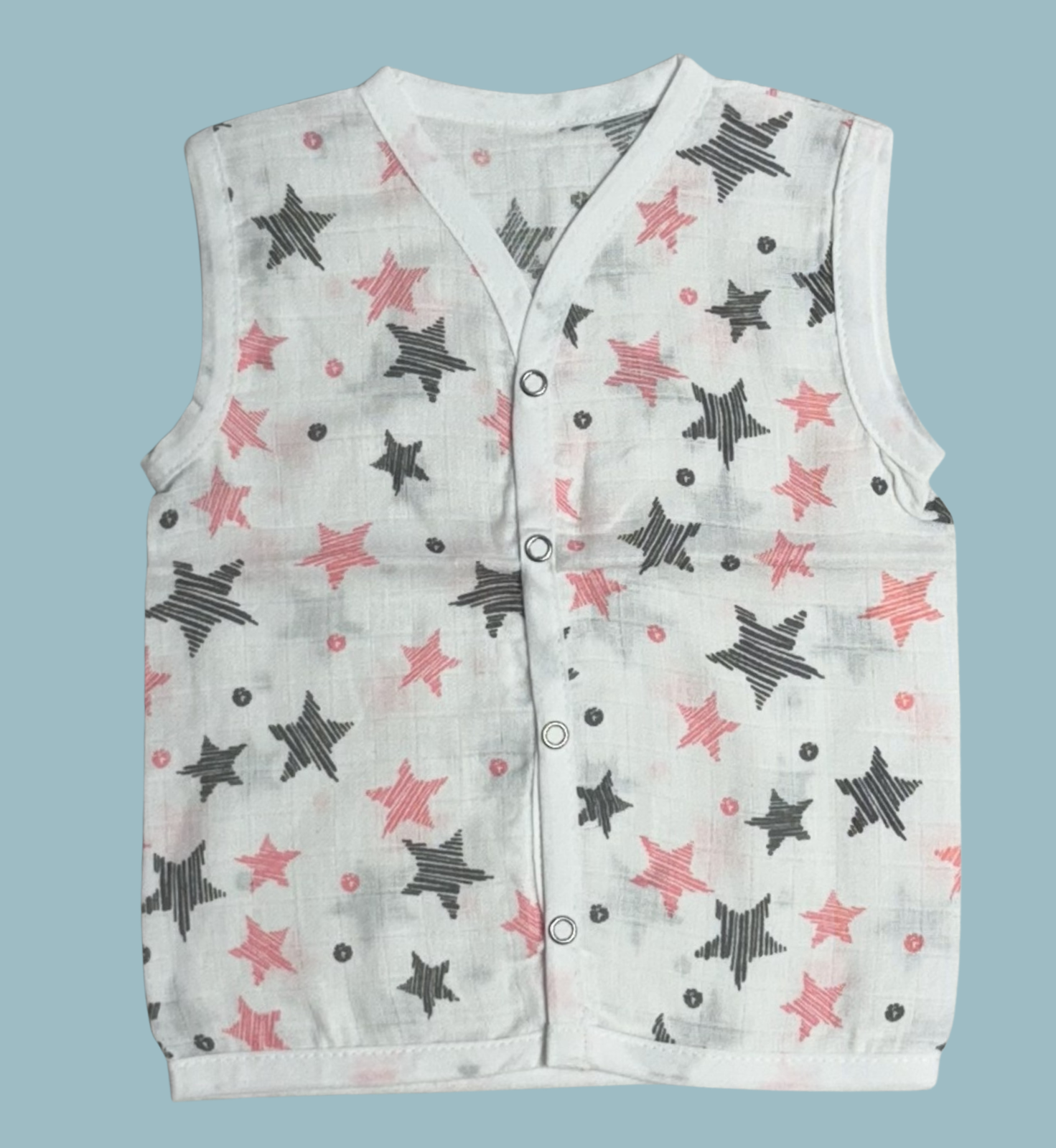 Muslin Cotton Baby Jabla Combo – Sleeveless Front Open | Stars, Butterflies & Forest Print (Pack of 3)