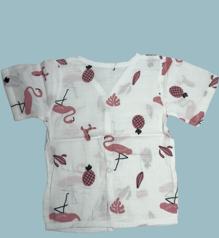 Baby Muslin Cotton Half Sleeve Button Jabla – Pink Flamingo Print