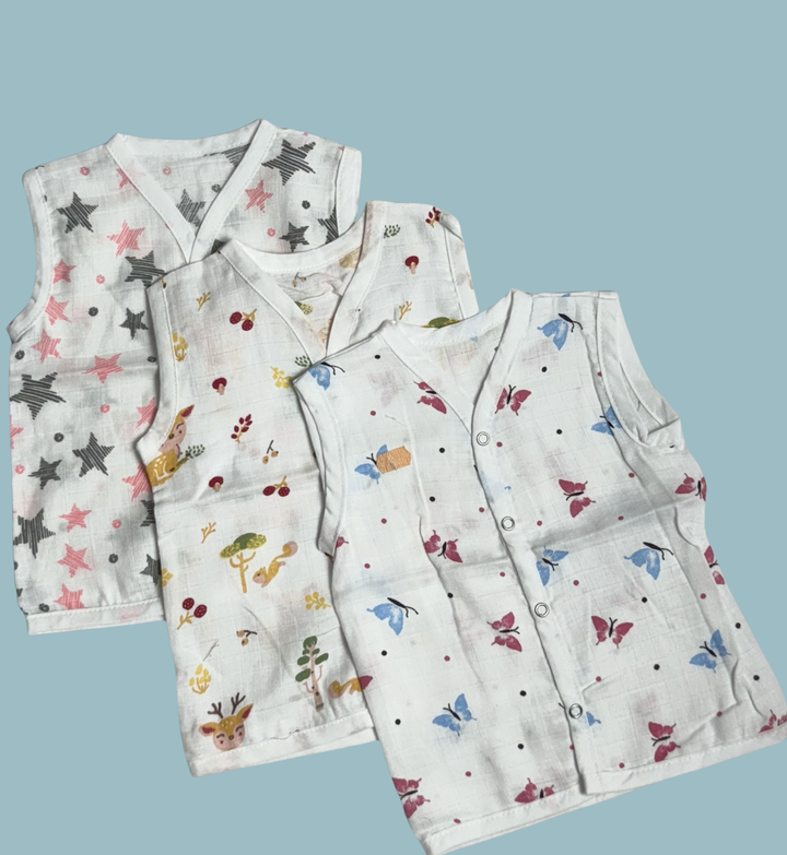 Muslin Cotton Baby Jabla Combo – Sleeveless Front Open | Stars, Butterflies & Forest Print (Pack of 3)