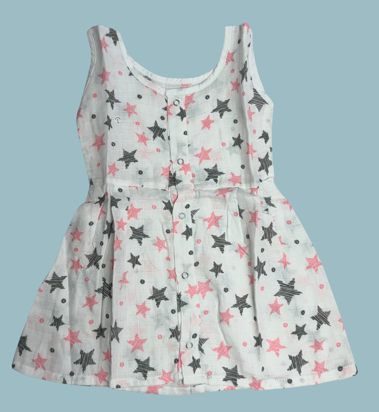 Muslin Cotton Baby Frock – Sleeveless Front Open | Star Print