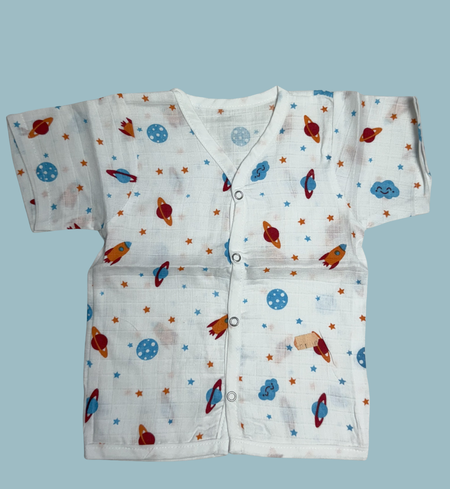 Baby Muslin Cotton Half Sleeve Button Jabla – Space Rocket Print