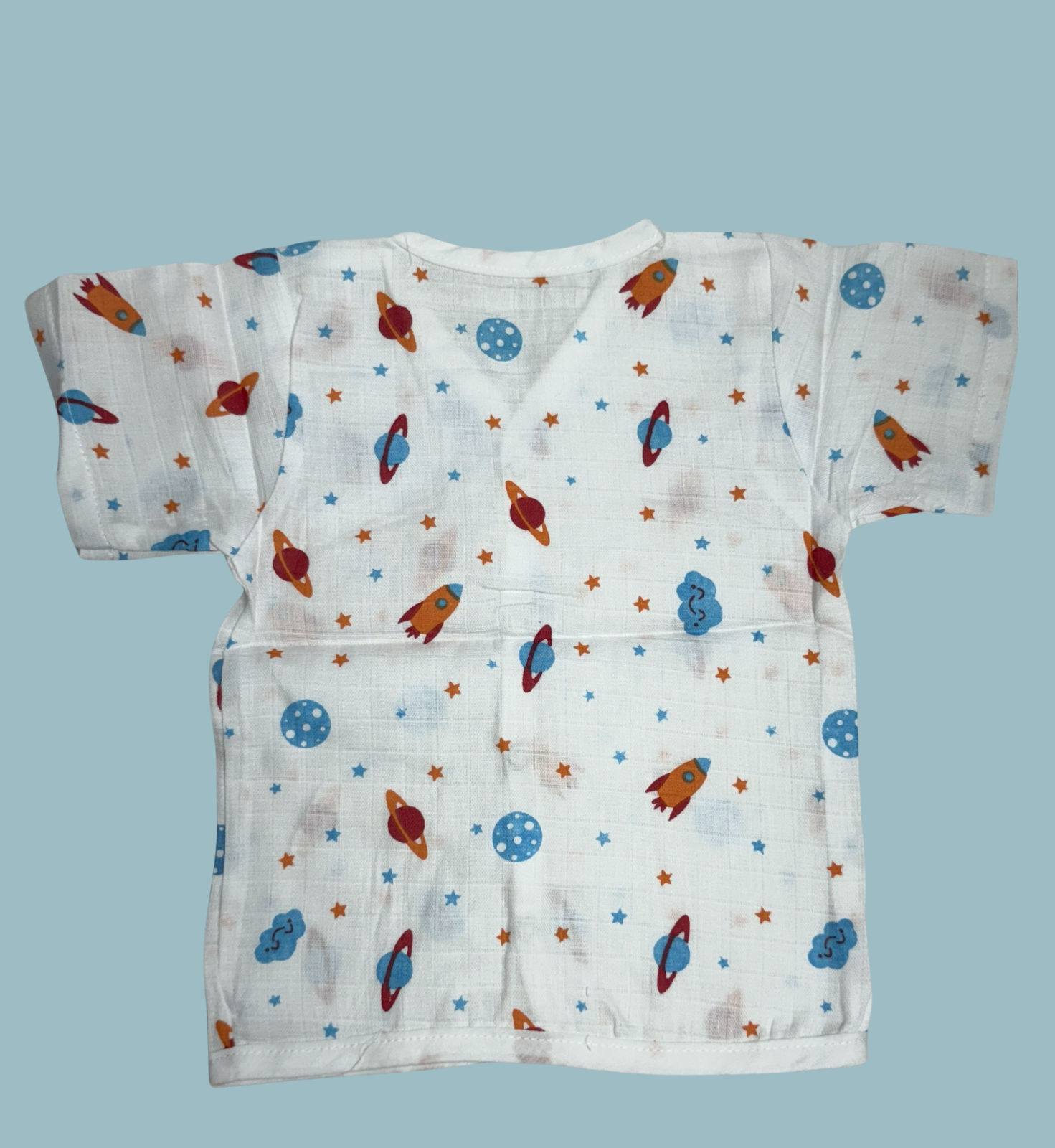 Baby Muslin Cotton Half Sleeve Button Jabla – Space Rocket Print