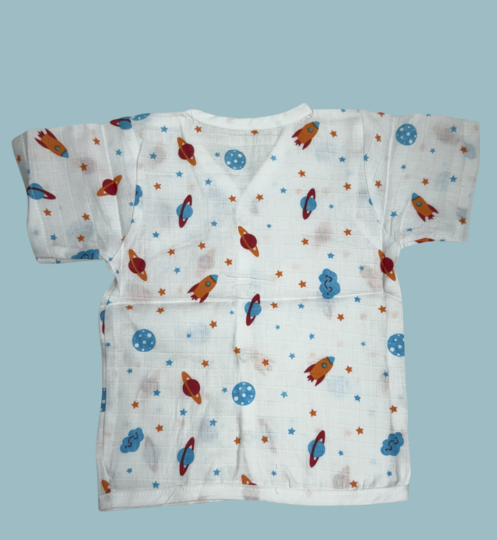 Baby Muslin Cotton Half Sleeve Button Jabla – Space Rocket Print