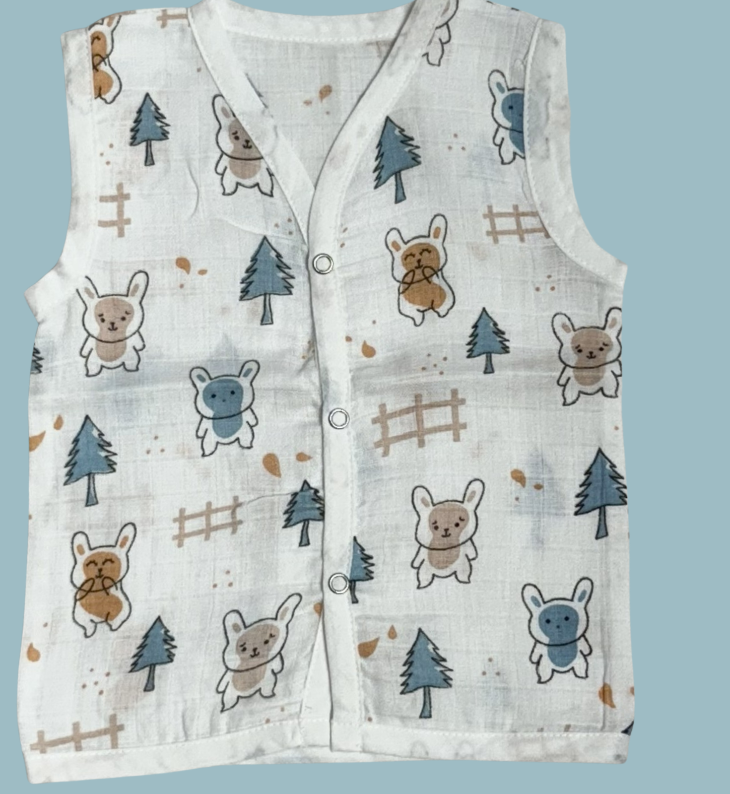 Muslin Cotton Baby Jabla Combo – Sleeveless Front Open | Mushroom, Hearts & Bunny Print (Pack of 3)