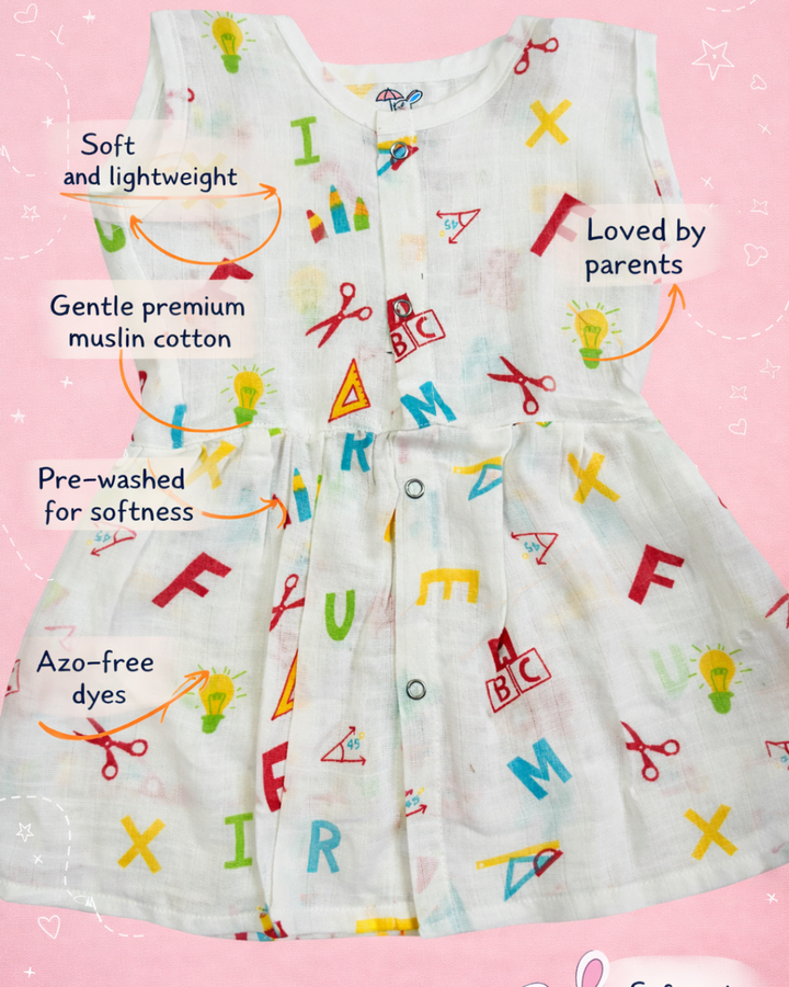 Sleeveless Jabla Frock – 100% Premium Muslin Cotton – Alphabet Print