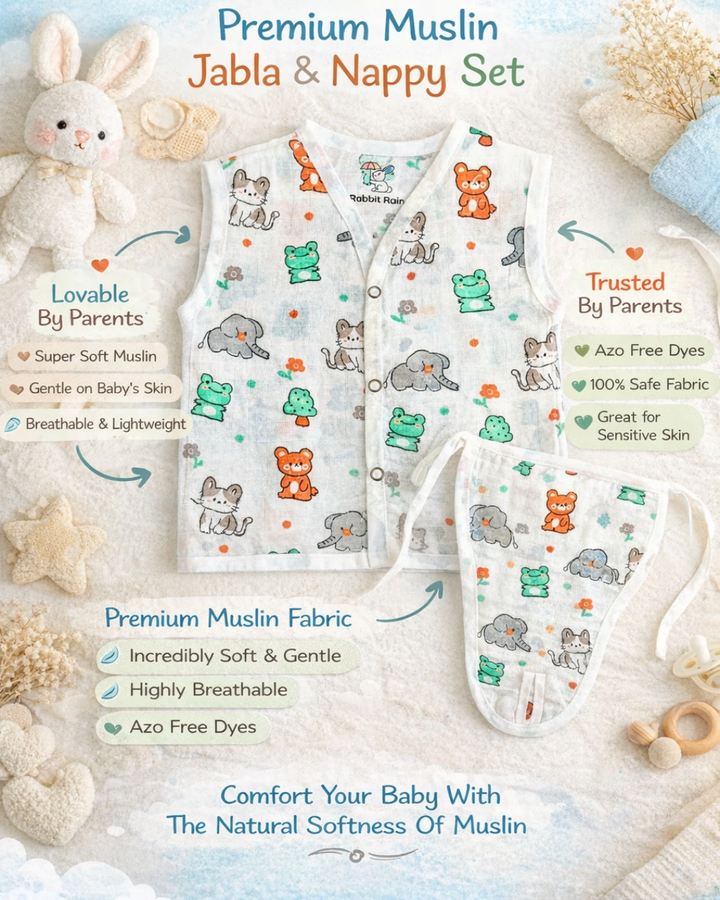 Premium Muslin Cotton Jabla & 4 Layer Nappy Set for Babies (0–3 Months) - Combo Pack (2 Sets)
