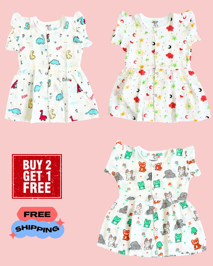 Premium Muslin Cotton Frill Sleeve Frock – Pack of 3  | Buy 2 Get 1 Free