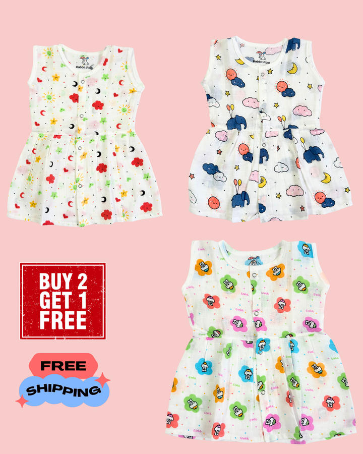 Muslin Cotton Sleeveless Frock – Pack of 3  | Buy 2 Get 1 Free