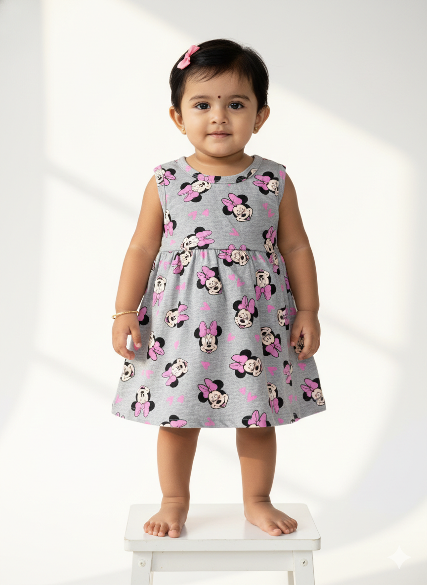 Sleeveless Cotton Frock – Grey Minnie Mouse Print with Pink Bows