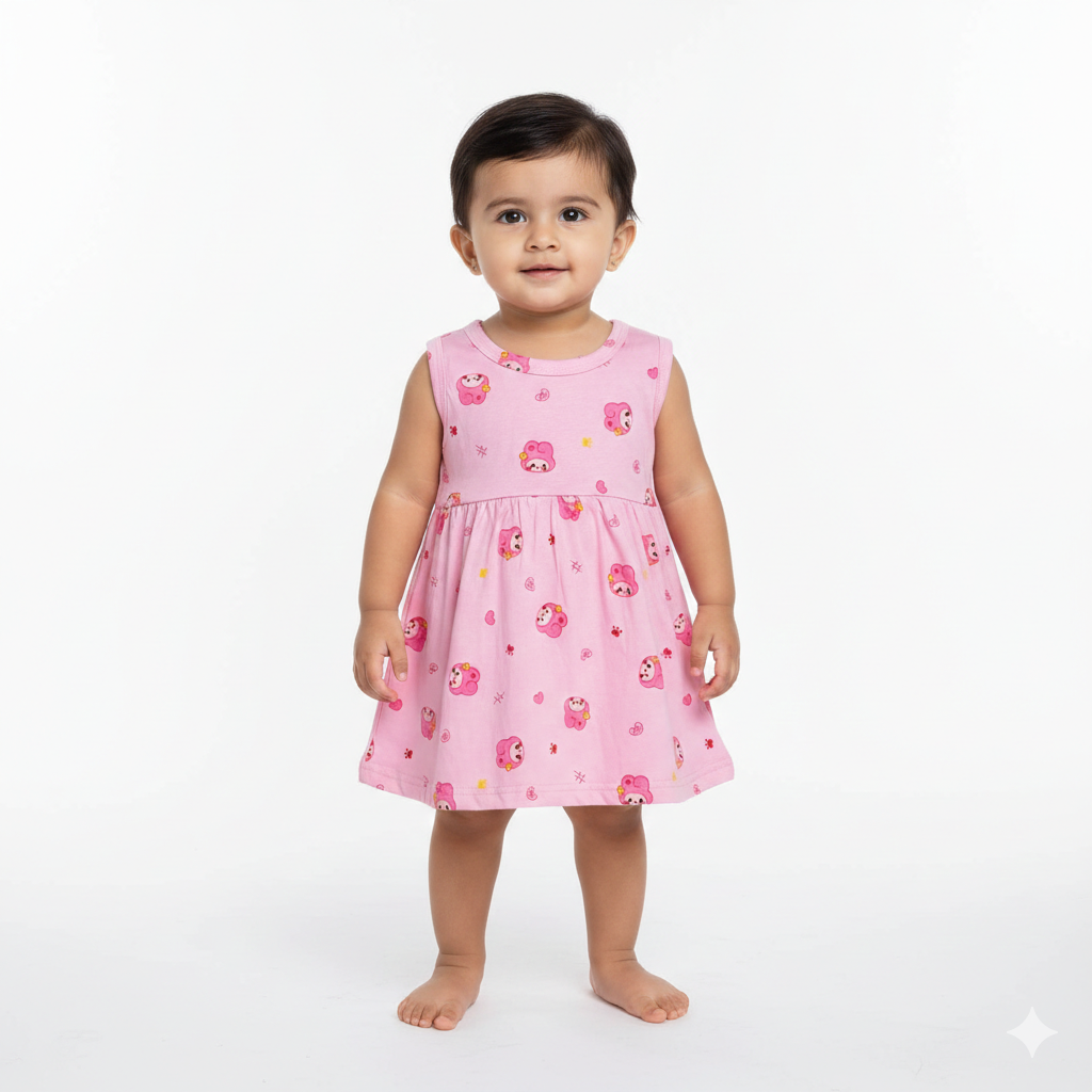Baby Girl Sleeveless Cotton Frock – Pink Cartoon Print