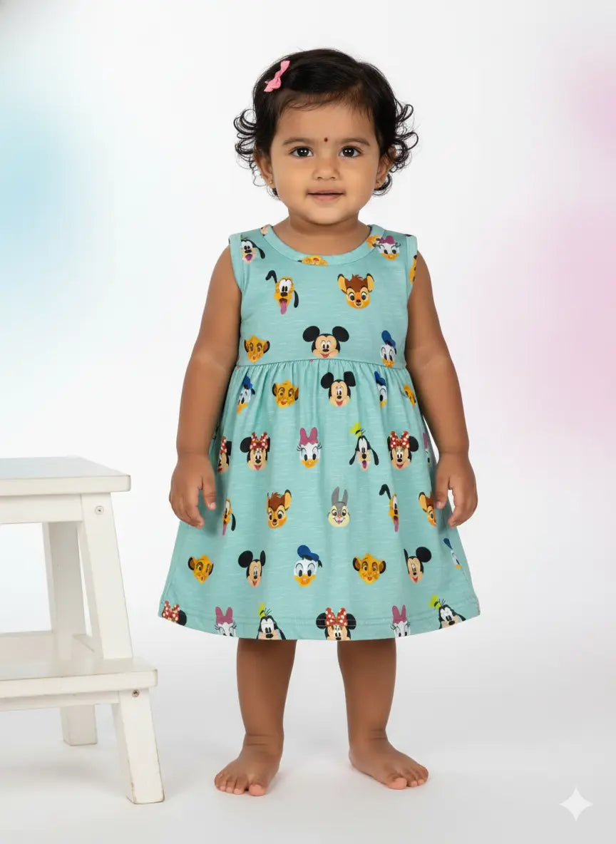 Baby Girl Sleeveless Cotton Frock – Blue Disney Print