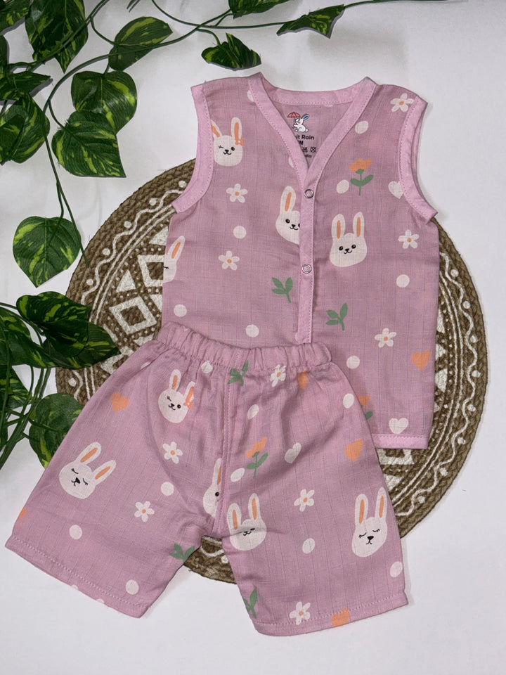 Kids Pink Muslin Cotton Bunny Print Sleeveless Kurta & Shorts Co-ord Set – Ultra Soft & Breathable
