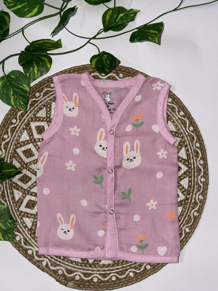 Kids Pink Muslin Cotton Bunny Print Sleeveless Kurta & Shorts Co-ord Set – Ultra Soft & Breathable