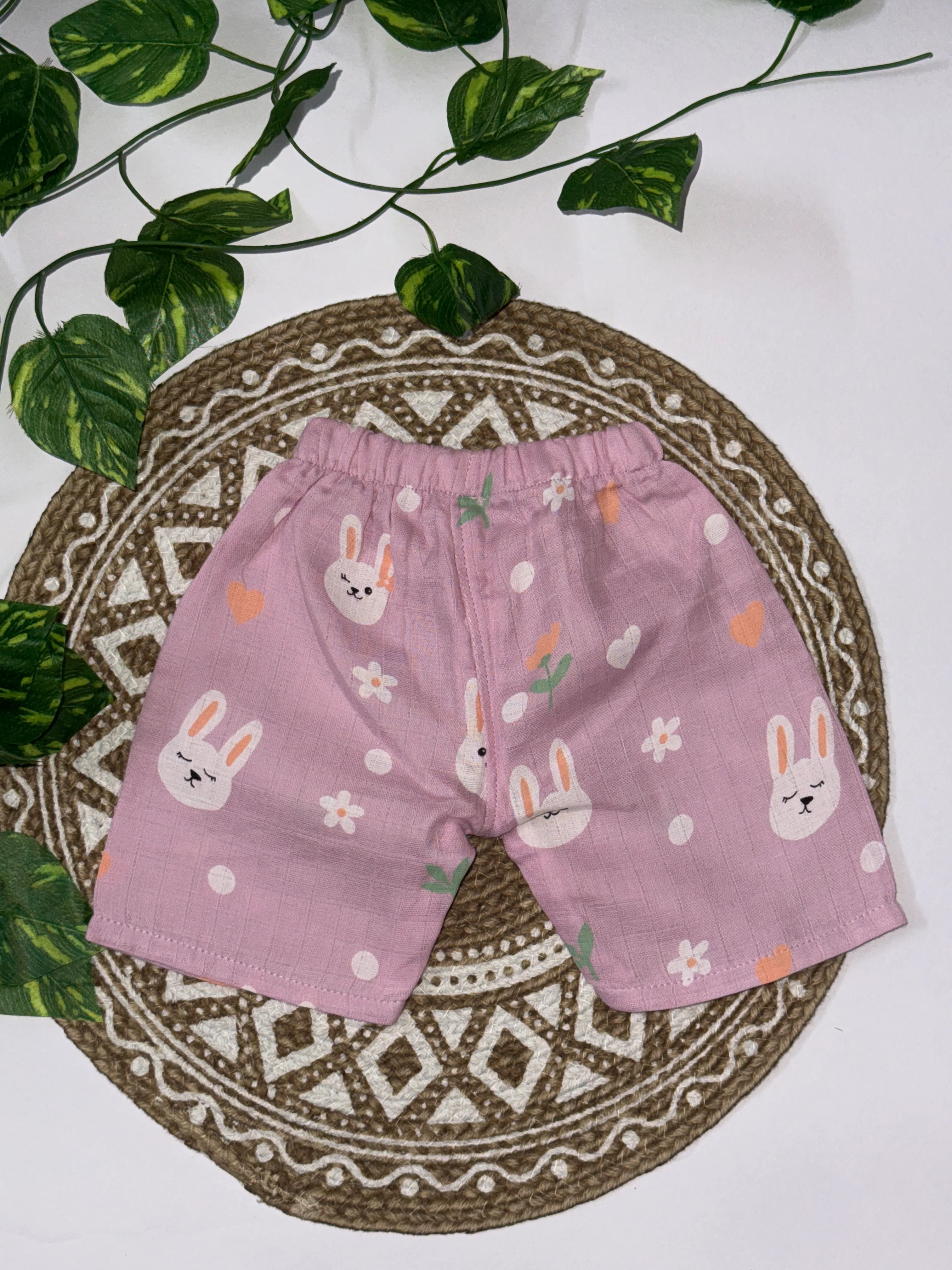 Kids Pink Muslin Cotton Bunny Print Sleeveless Kurta & Shorts Co-ord Set – Ultra Soft & Breathable