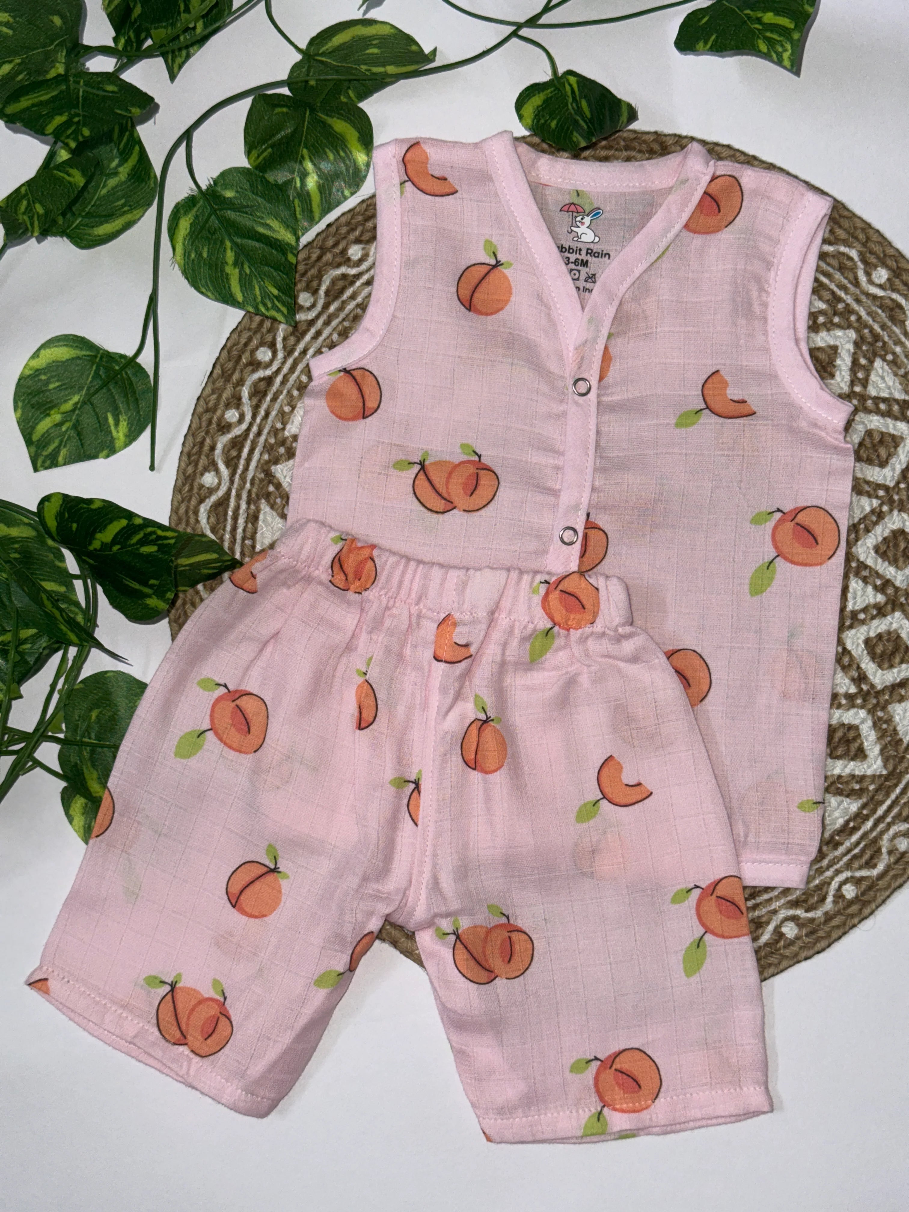 Kids Pink Muslin Cotton Peach Print Sleeveless Kurta & Shorts Co-ord Set – Soft & Breathable Summer Wear