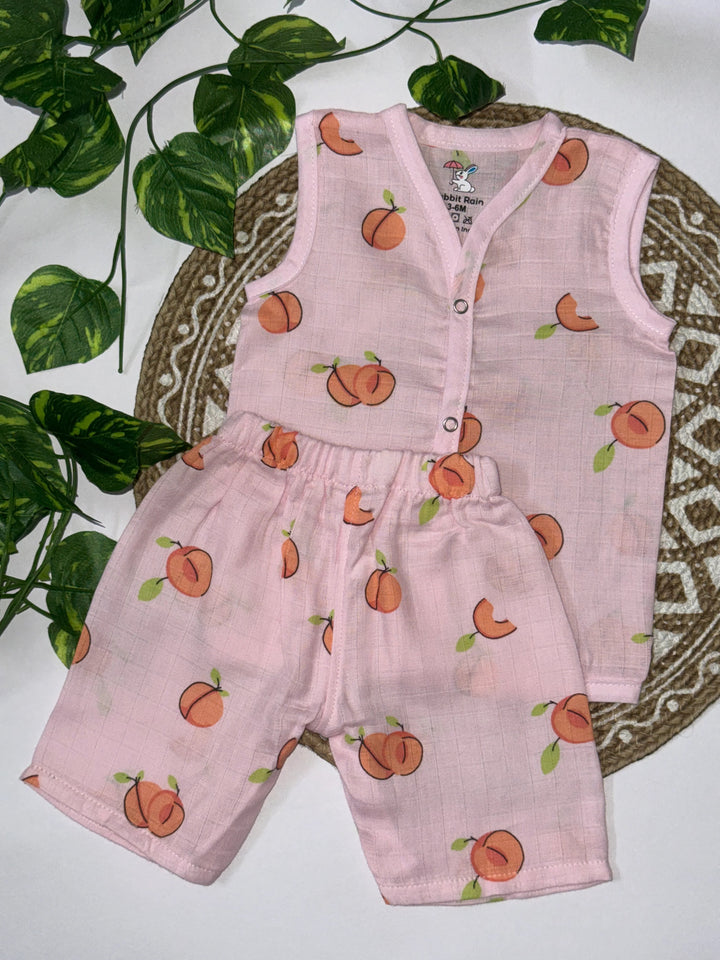 Kids Pink Muslin Cotton Peach Print Sleeveless Kurta & Shorts Co-ord Set – Soft & Breathable Summer Wear