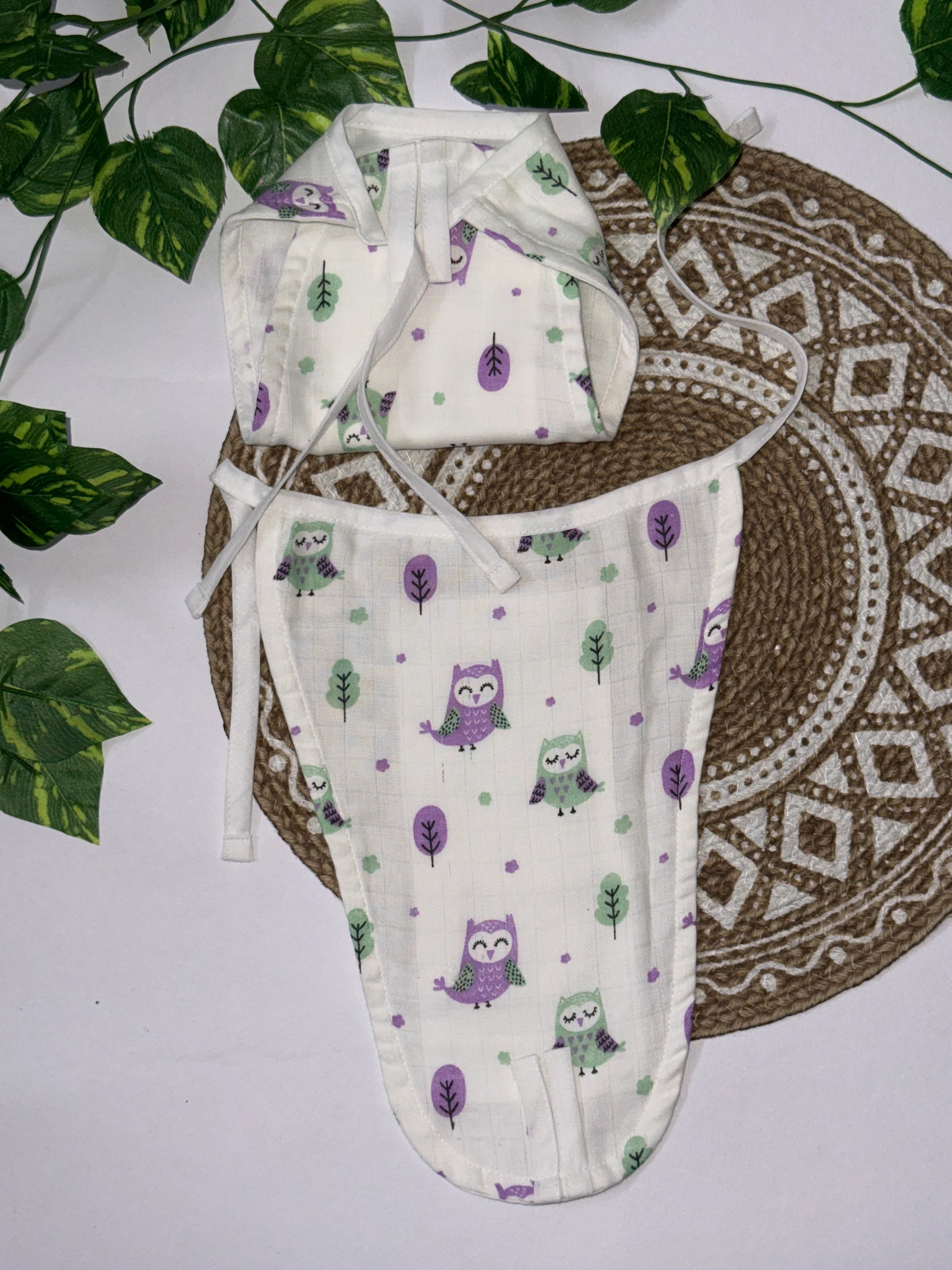 Newborn Muslin Cotton Tie-Up Nappy – Owl & Leaf Print | Double Layer with 5-Layer Absorbent Insert (0–3 Months)