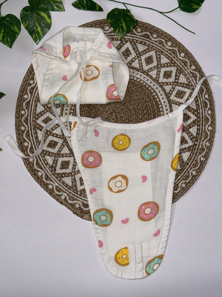 Newborn Muslin Cotton Tie-Up Nappy – Donut & Heart Print | Double Layer with 5-Layer Absorbent Insert (0–3 Months)