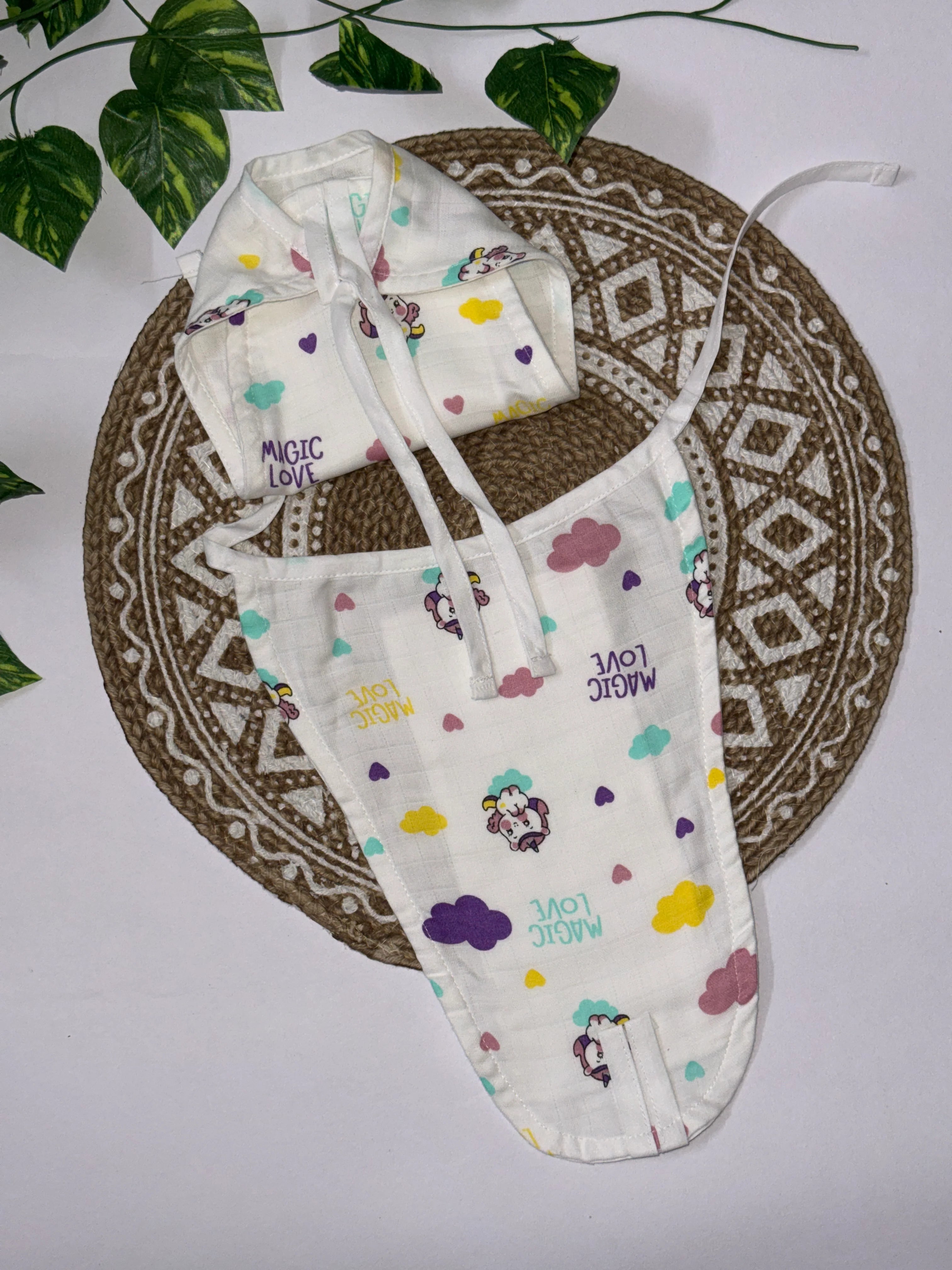 Newborn Muslin Cotton Tie-Up Nappy – Unicorn “Magic Love” Print | Double Layer with 5-Layer Absorbent Insert (0–3 Months)