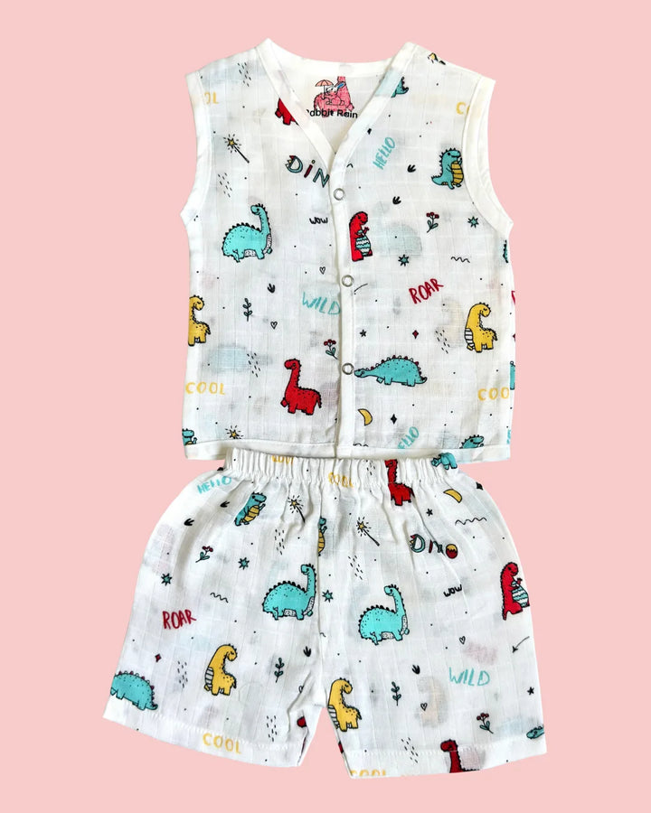 Premium Muslin Cotton Sleeveless Jabla & Shorts Set – Dino Roar