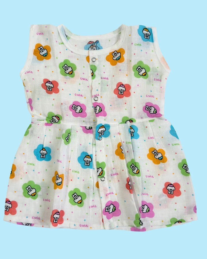 Sleeveless Jabla Frock – 100% Premium Muslin Cotton – Floral Bunny Print