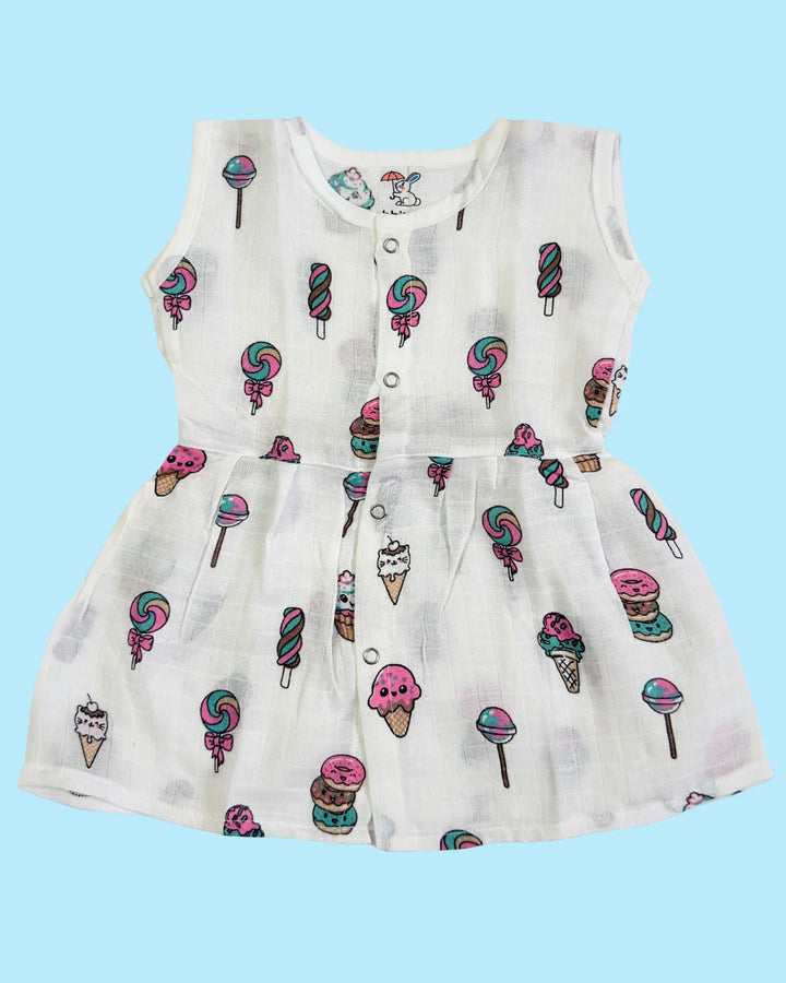 Sleeveless Jabla Frock – 100% Premium Muslin Cotton – Candy & Ice Cream Print