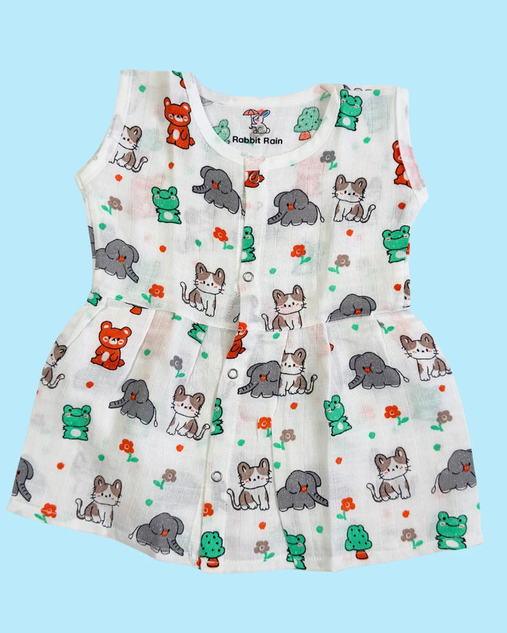 Sleeveless Jabla Frock – 100% Premium Muslin Cotton – Animal Print