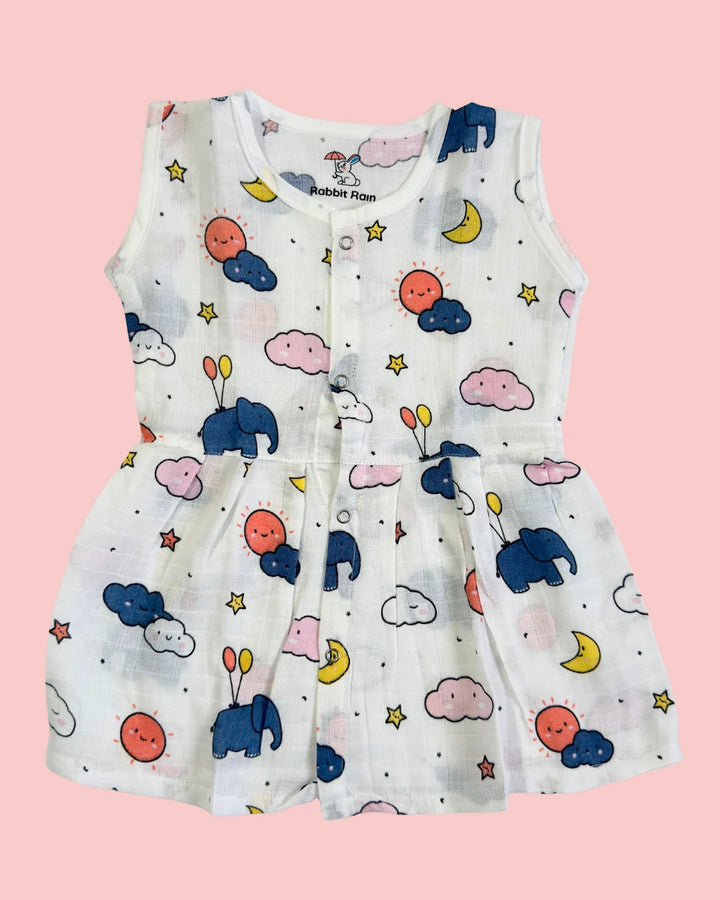Sleeveless Jabla Frock – 100% Premium Muslin Cotton – Dreamy Elephant Print