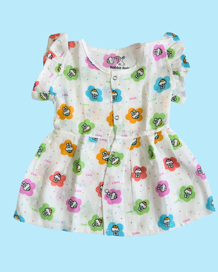 Frill Frock – 100% Premium Muslin Cotton – Floral Bunny Print
