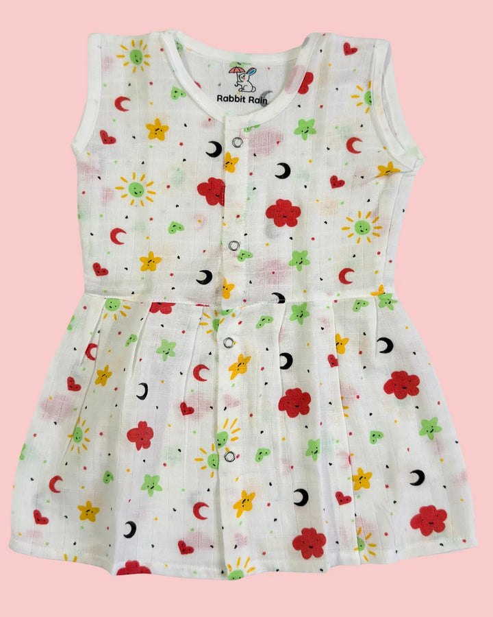 Sleeveless Jabla Frock – 100% Premium Muslin Cotton – Sun & Moon Print