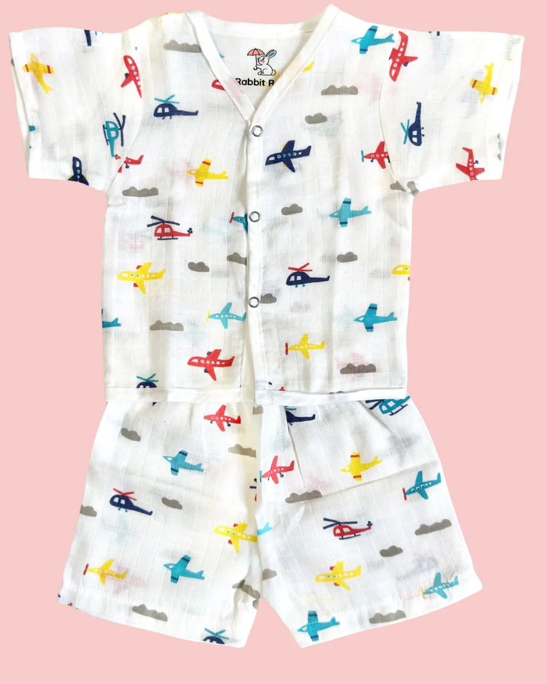 Premium Muslin Cotton Half Sleeve Jabla & Shorts Set – Airplane Print