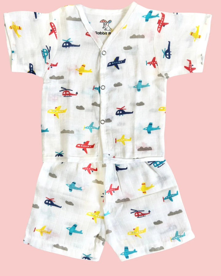 Premium Muslin Cotton Half Sleeve Jabla & Shorts Set – Airplane Print