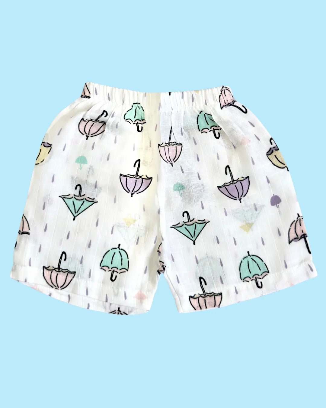 Premium Muslin Cotton Half Sleeve Jabla & Shorts Set – Pastel Umbrella